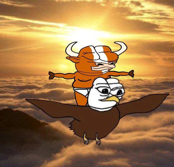 Mumu riding a bald eagle above the clouds at sunrise