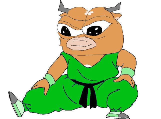 Mumu sitting in a green karate gi with a black belt