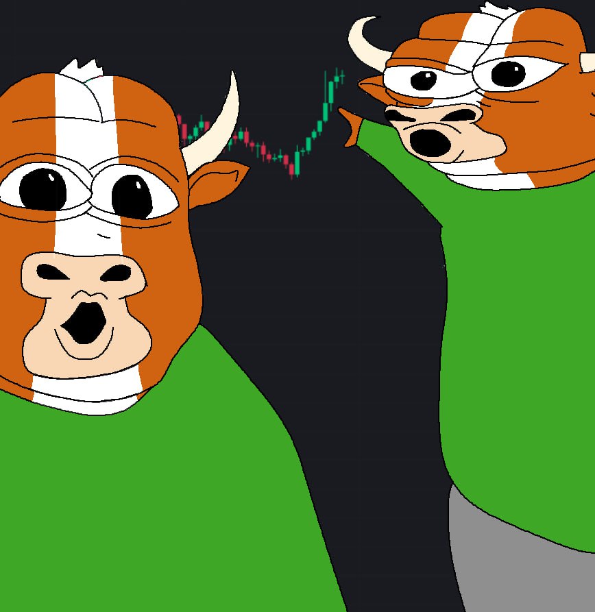 Two Mumus pointing at a green candle chart on a screen
