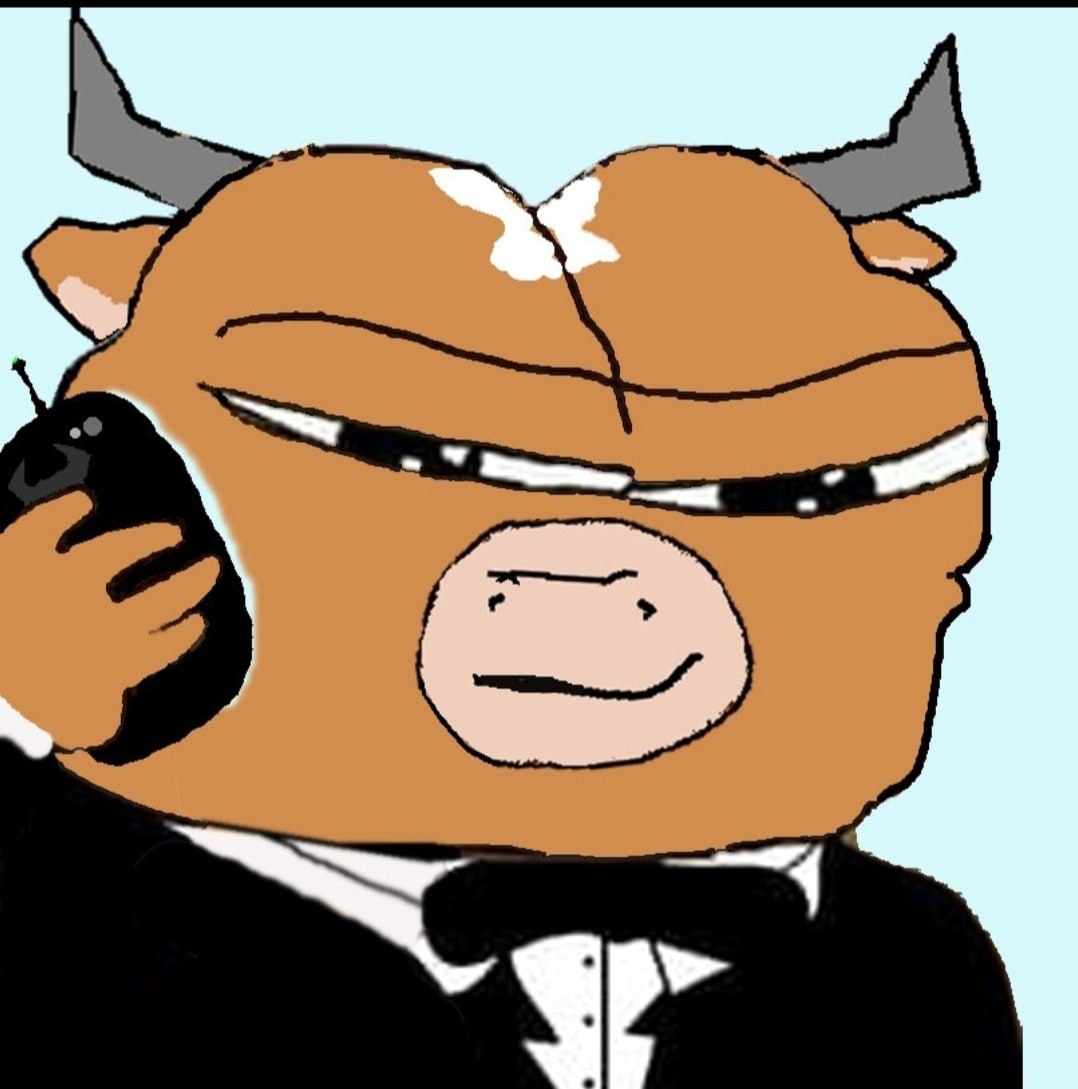 Mumu in a tuxedo holding a phone to one ear