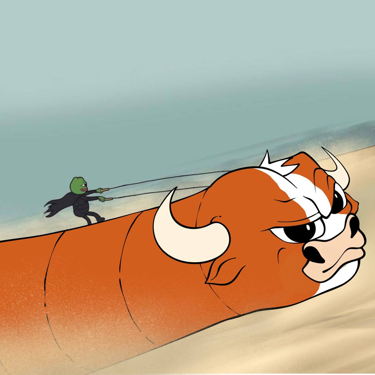 Mumu stretched long across the sky towing a rider on a rope