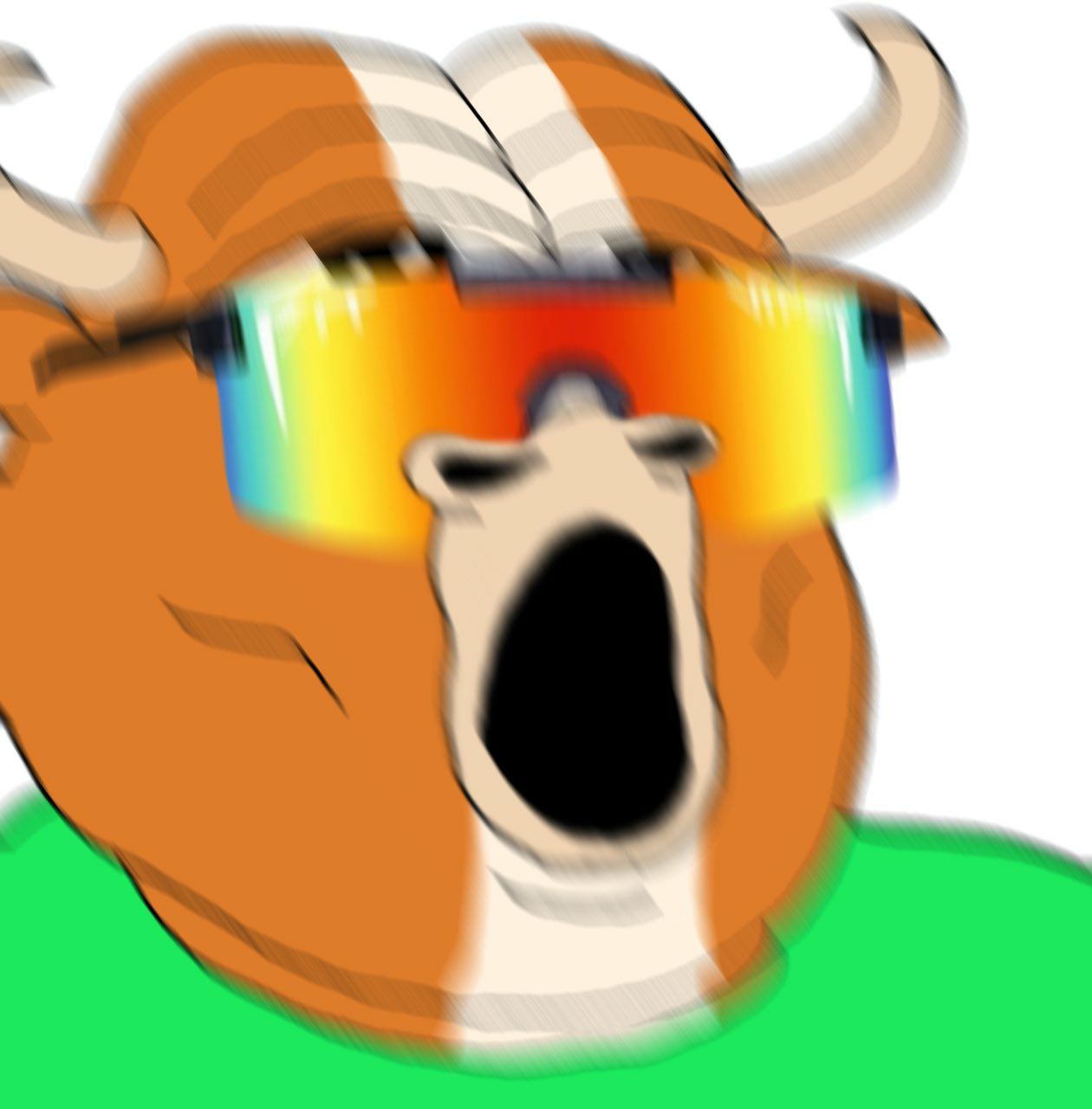 Mumu in rainbow visor shades, mouth open mid-shout
